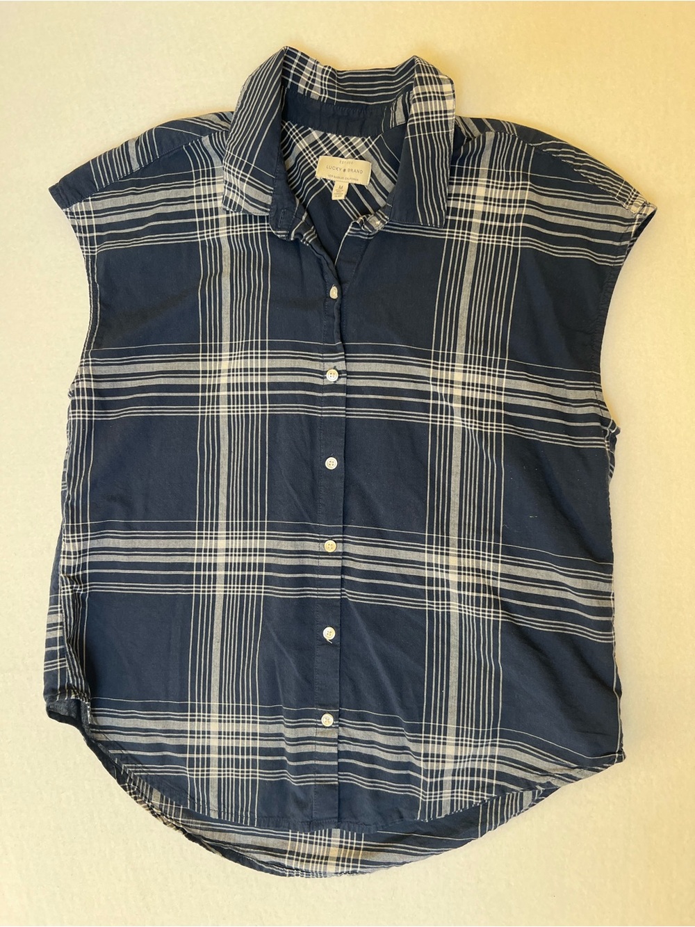 Lucky Brand Women’s M Navy Plaid Cap Sleeve Button Down Shirt High Low